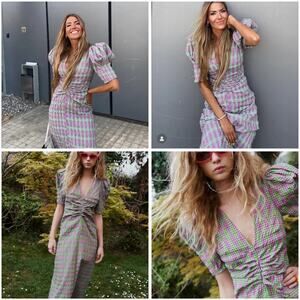 Zara Puff Sleeve Geometric Checkered Plaid Print Midi Dress Women’s Size Large